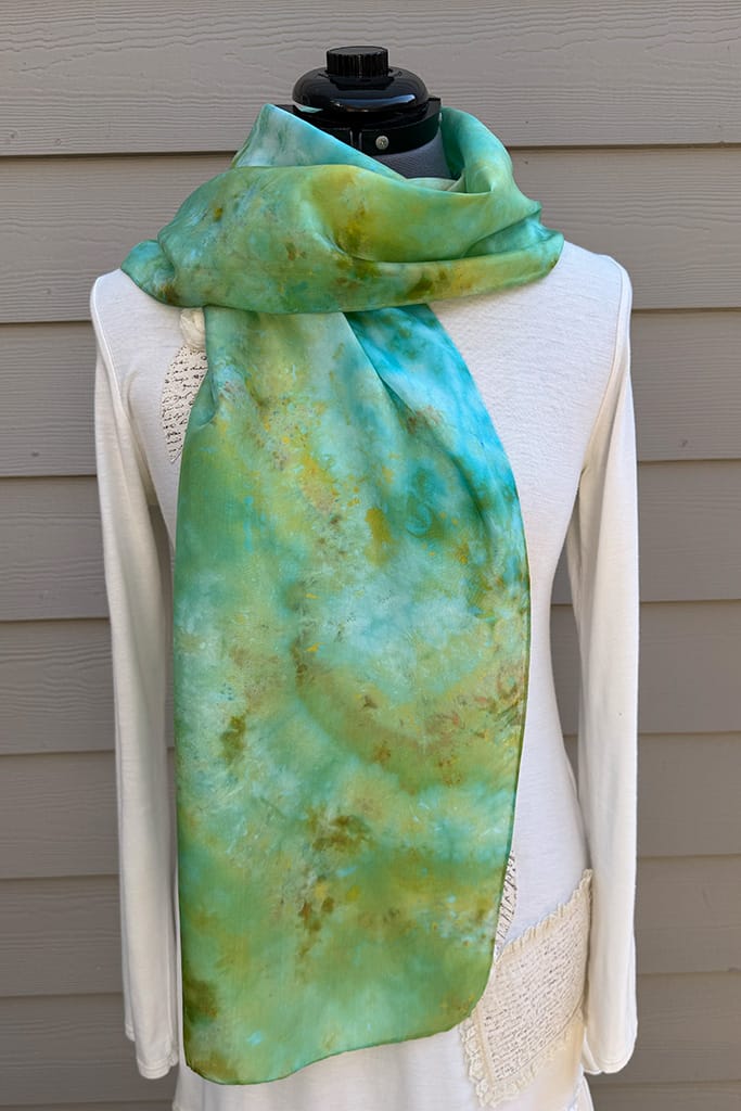 Women's turquoise, aqua and green long hand ice dyed silk scarf
