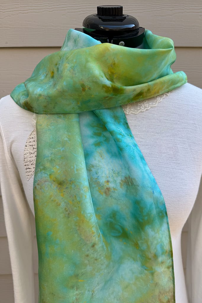 Women's turquoise, aqua and green long hand ice dyed silk scarf