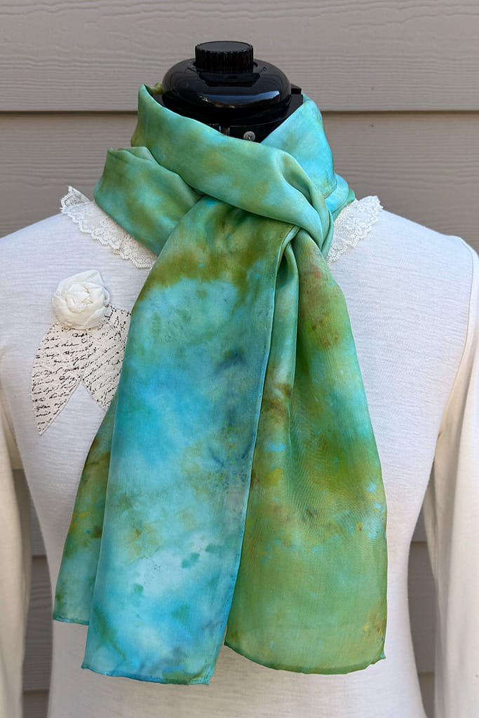 Women's turquoise, aqua and green long hand ice dyed silk scarf