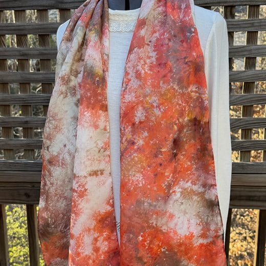 Orange and brown women's hand ice dyed silk scarf