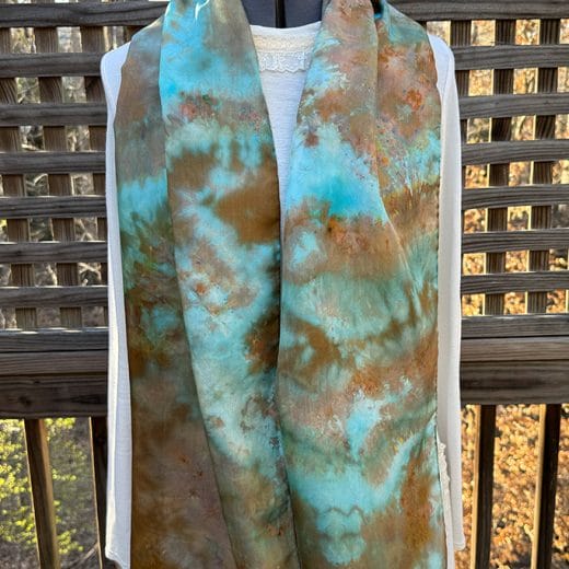 Turquoise, green and copper women ice dyed silk scarf