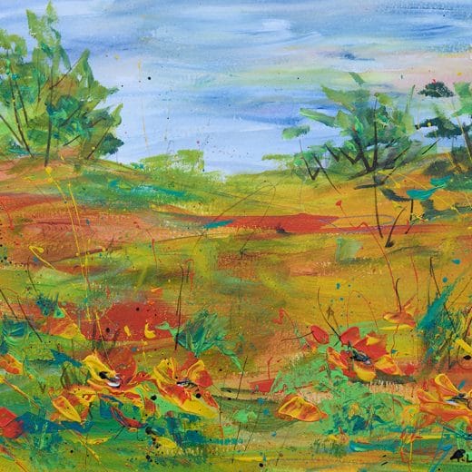 Colorful impressionist landscape acrylic painting with poppy flower fields on watercolor paper
