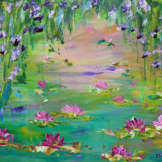 Vibrant impressionist acrylic painting of a waterlily pond with wisterias.