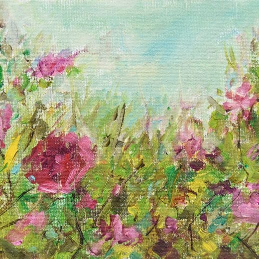 Impressionist oil painting of a flower meadow on wood panel 9" x 12"