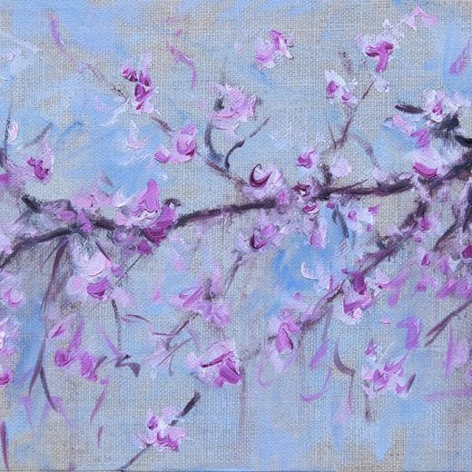 Impressionist oil painting of a cherry blossom branch on natural linen