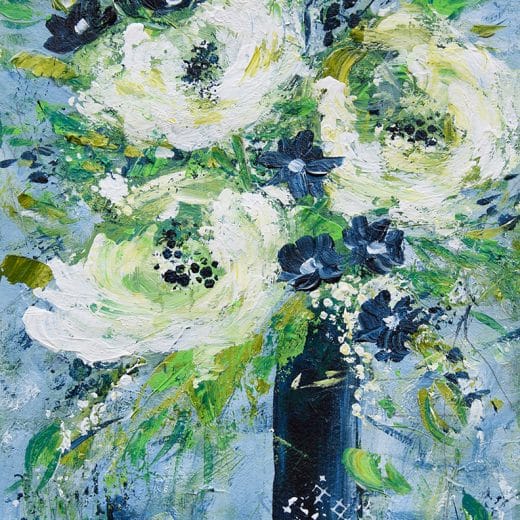 Blue, green and white romantic impressionist painting hand painted with acrylic on watercolor paper 8x10