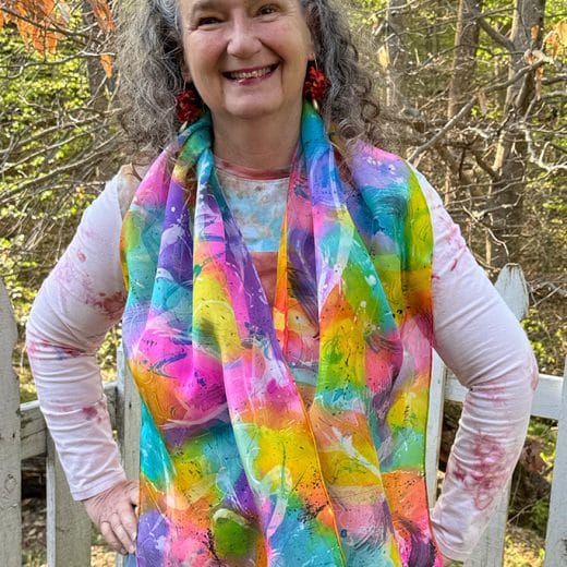 Vibrant and colorful hand painted abstract batik silk scarf