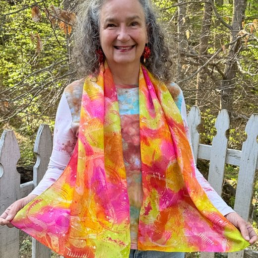 Colorful pink orange and yellow hand painted abstract batik silk scarf