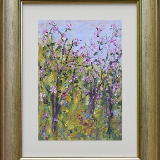 Impressionist oil painting of orchards on linen canvas and wooden panel framed