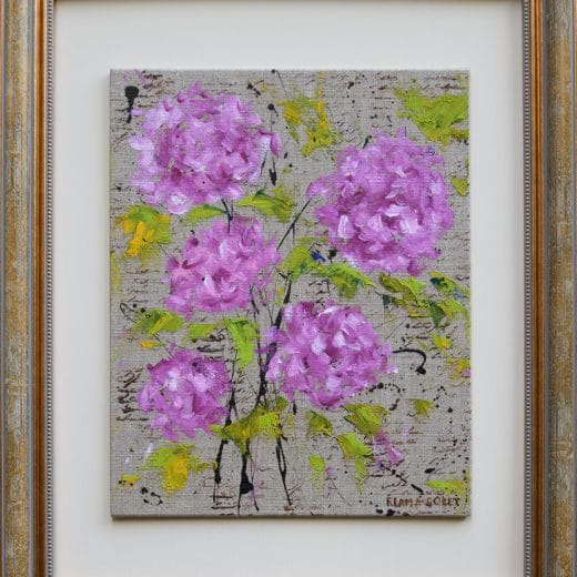 Original oil painting of pink hydrangeas on linen panel size 8" x 10"