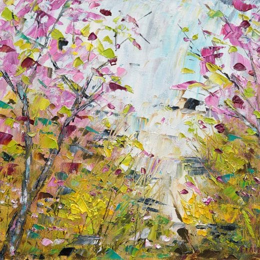 Vibrant waterfall impressionist painting with cherry blossoms hand painted with oils on panel 8" x 10".