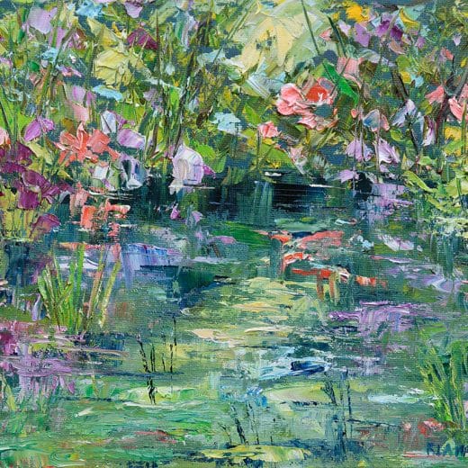 Impressionist oil painting of flowers blooming along the river painted on a panel 8" x 10"