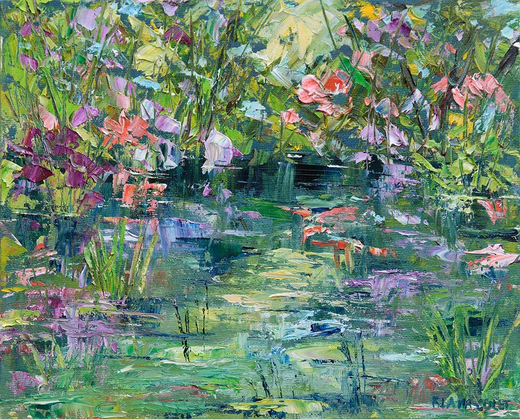 Impressionist oil painting of flowers blooming along the river painted on a panel 8" x 10"