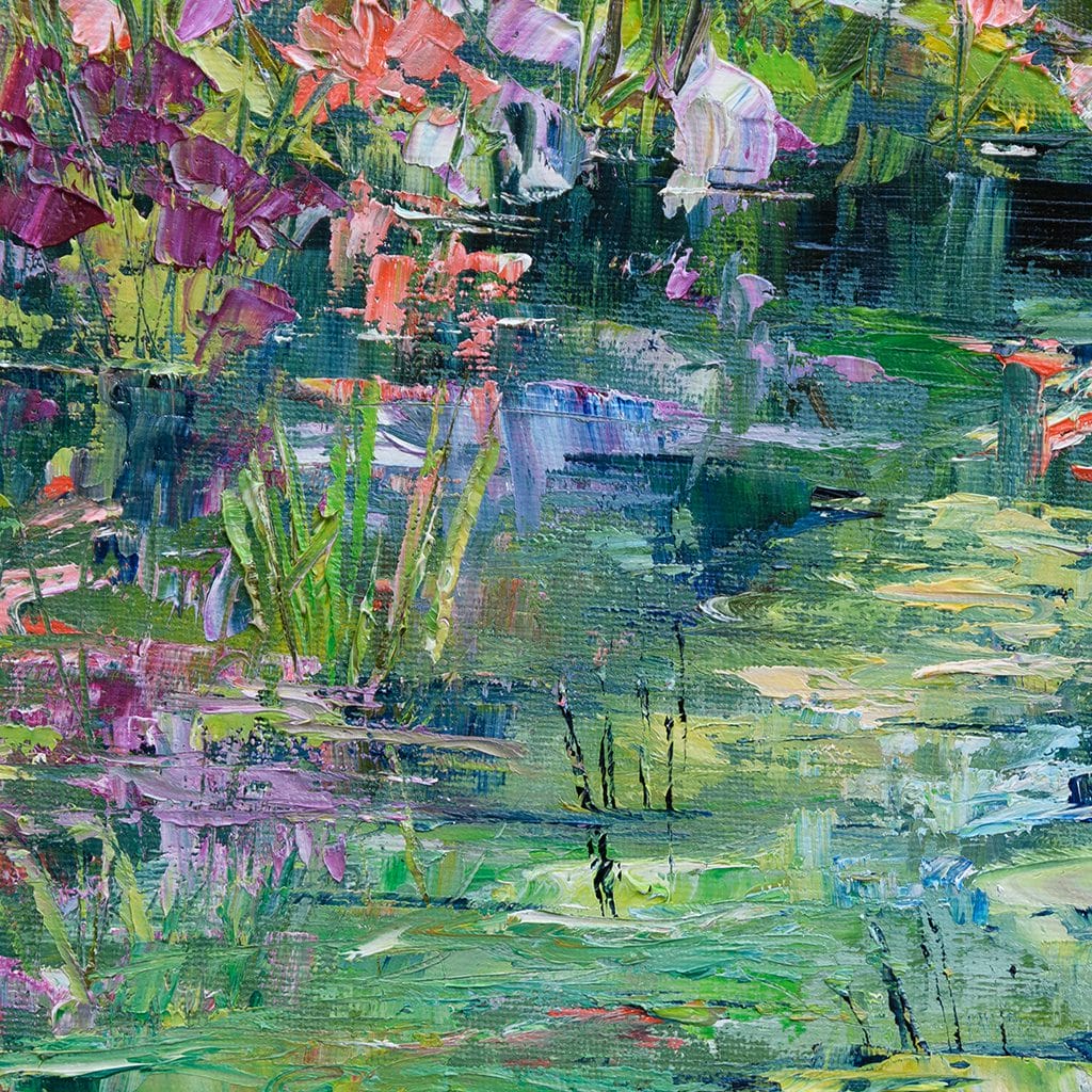 Impressionist oil painting of flowers blooming along the river painted on a panel 8" x 10"
