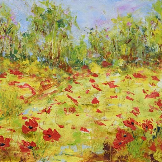 Original impressionist landscape painting of poppies flowers in a field of colza hand painted with oil and cold wax.
