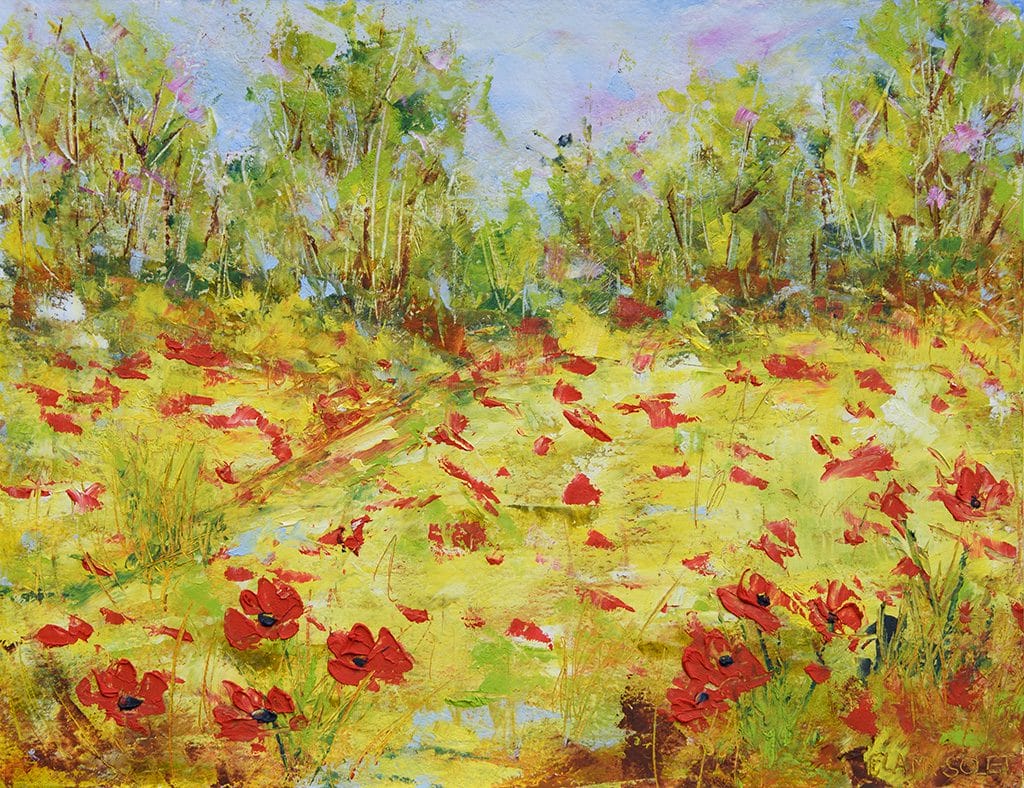 Original impressionist landscape painting of poppies flowers in a field of colza hand painted with oil and cold wax.