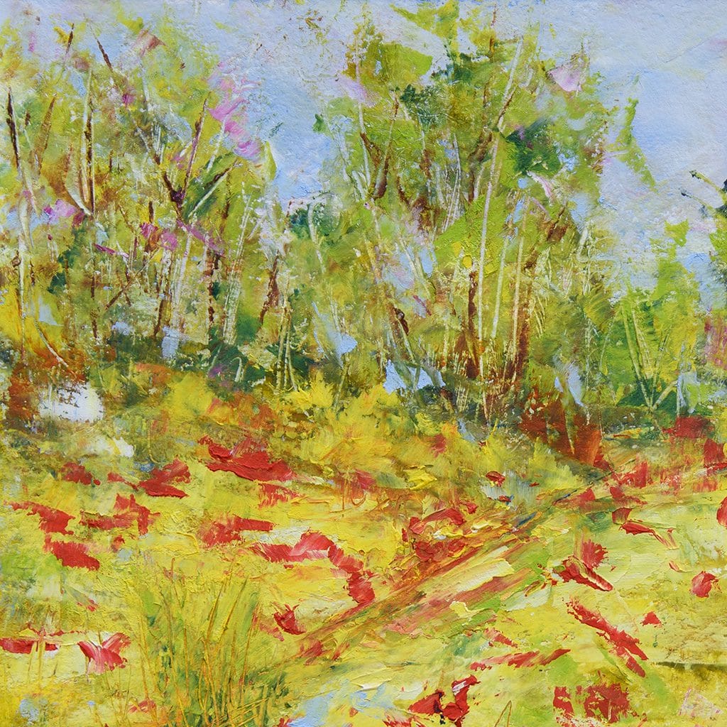Original impressionist landscape painting of poppies flowers in a field of colza hand painted with oil and cold wax.