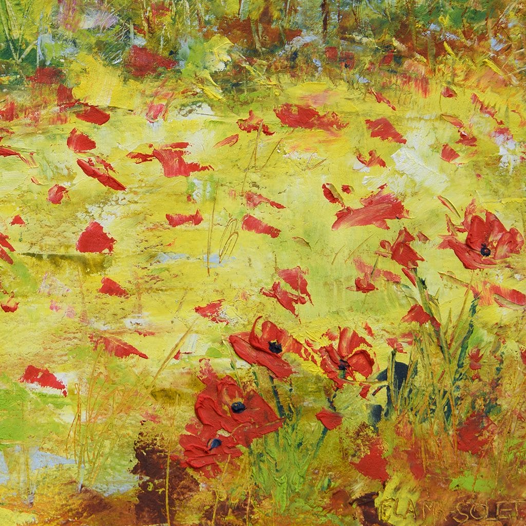 Mixed media impressionist painting of a poppy field hand painted with oil and cold wax on wood panel