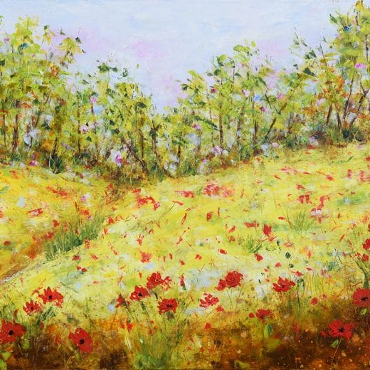 Mixed media impressionist painting of a poppy field hand painted with oil and cold wax on wood panel