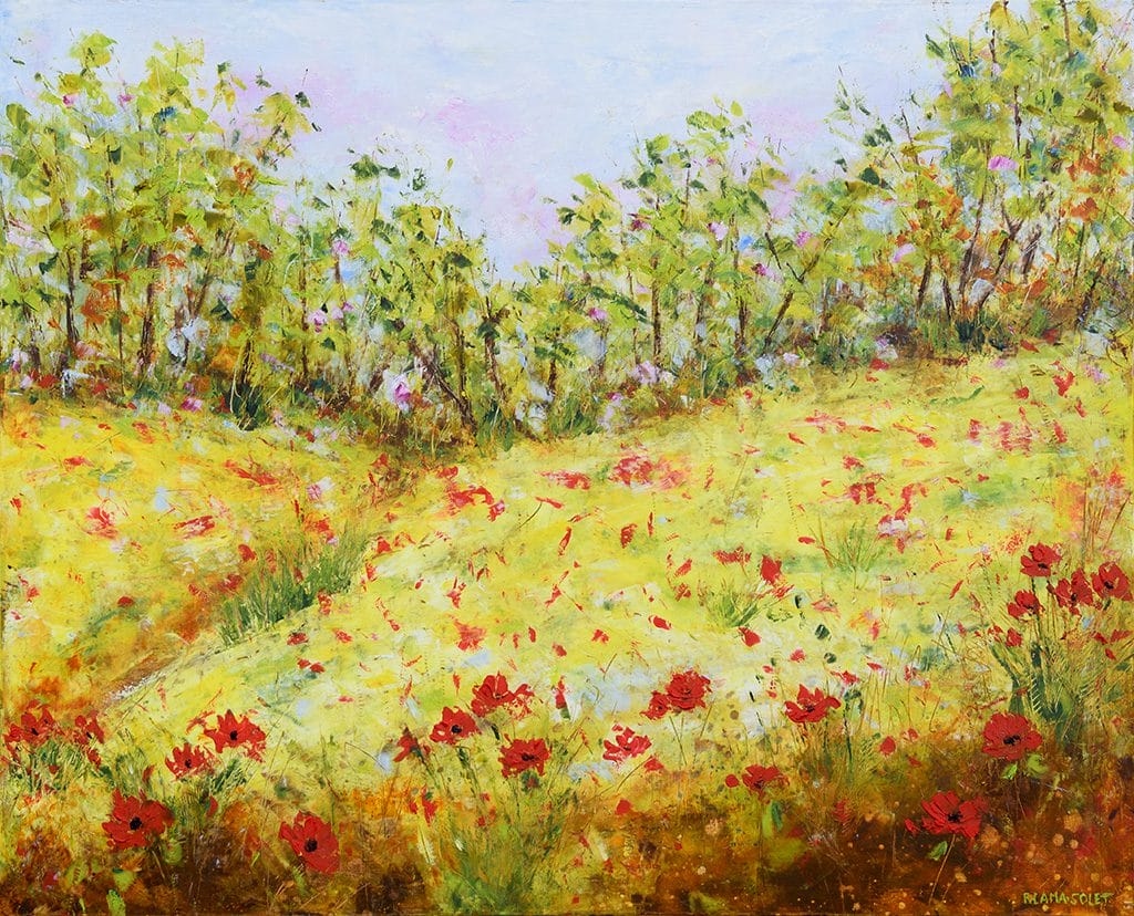 Mixed media impressionist painting of a poppy field hand painted with oil and cold wax on wood panel