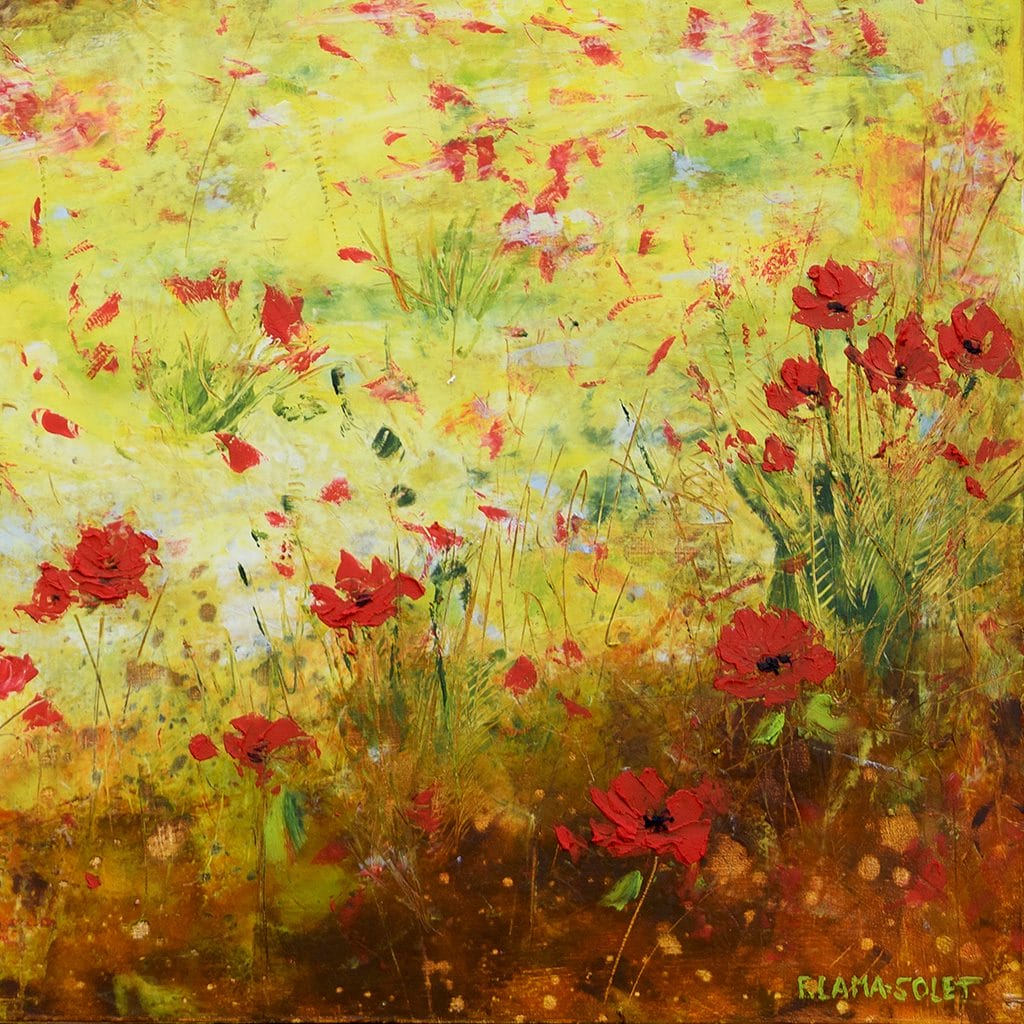 Mixed media impressionist painting of a poppy field hand painted with oil and cold wax on wood panel