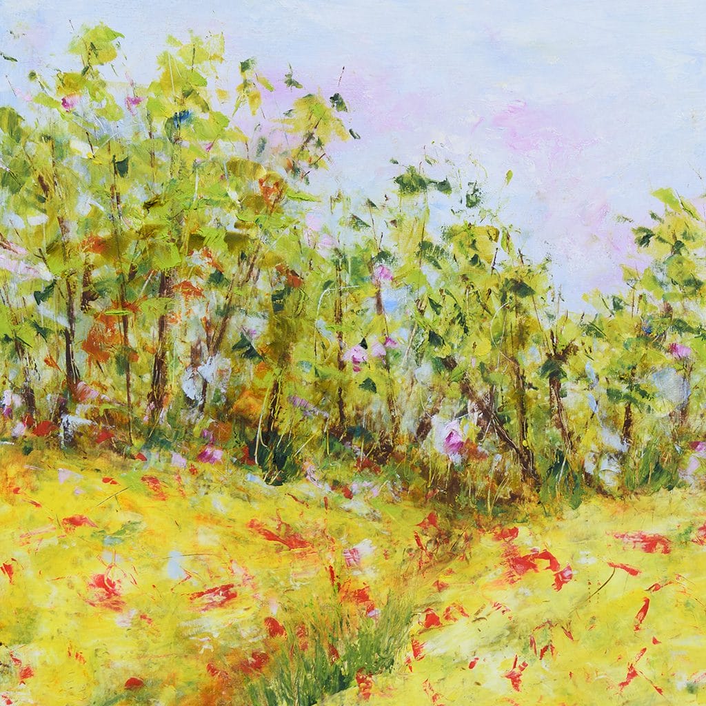 Mixed media impressionist painting of a poppy field hand painted with oil and cold wax on wood panel