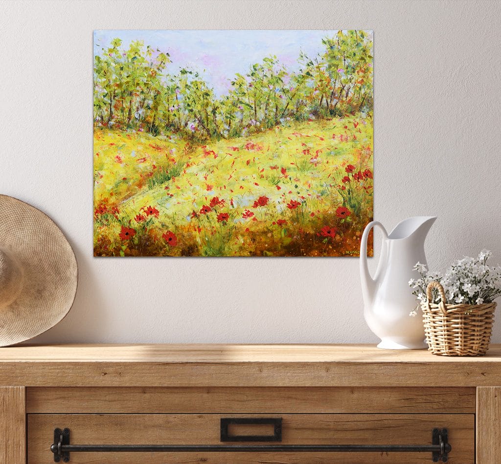 Mixed media impressionist painting of a poppy field hand painted with oil and cold wax on wood panel