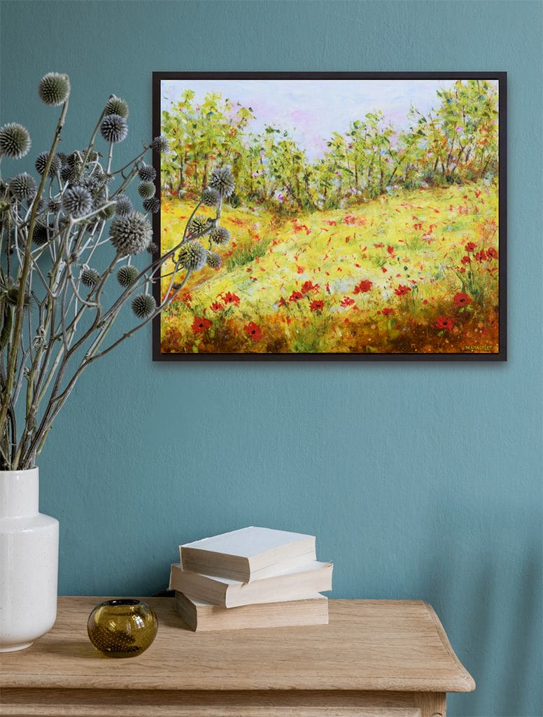 Mixed media impressionist painting of a poppy field hand painted with oil and cold wax on wood panel