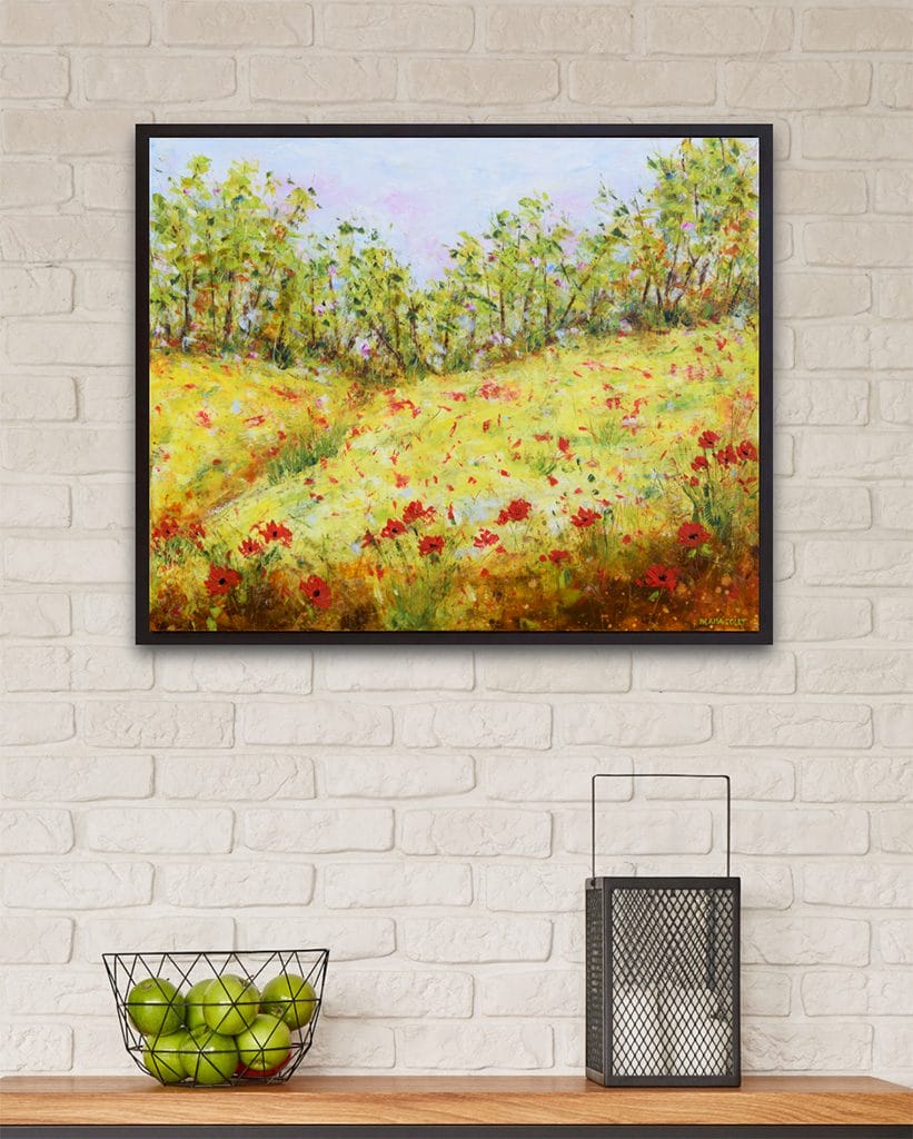 Mixed media impressionist painting of a poppy field hand painted with oil and cold wax on wood panel