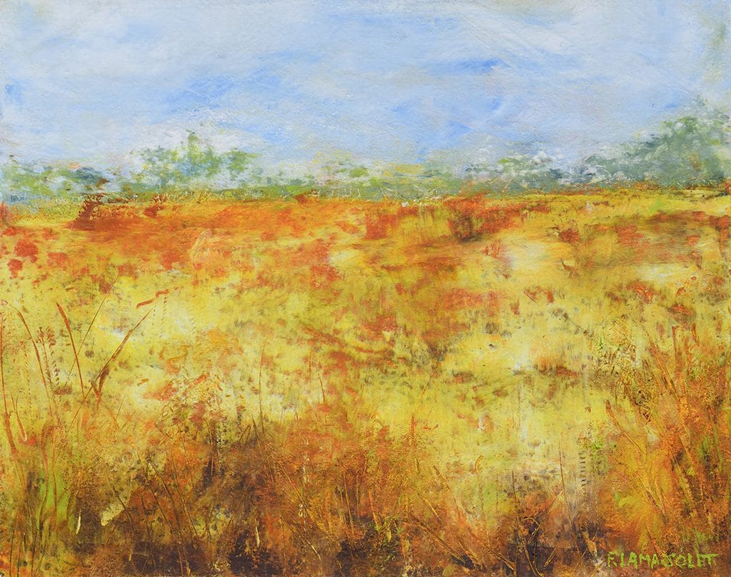 Serene abstract landscape painting hand painted with oil and cold wax on Arches oil paper 8" x 10"
