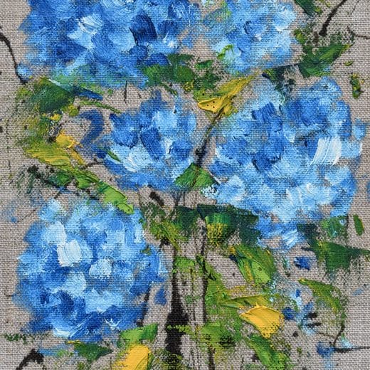 Original oil painting of a bouquet of blue hydrangea flowers on linen