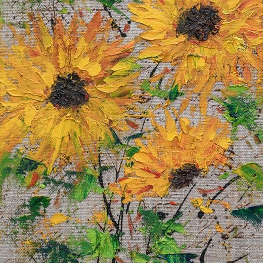 Impressionist oil painting of a sunflower bouquet on linen canvas