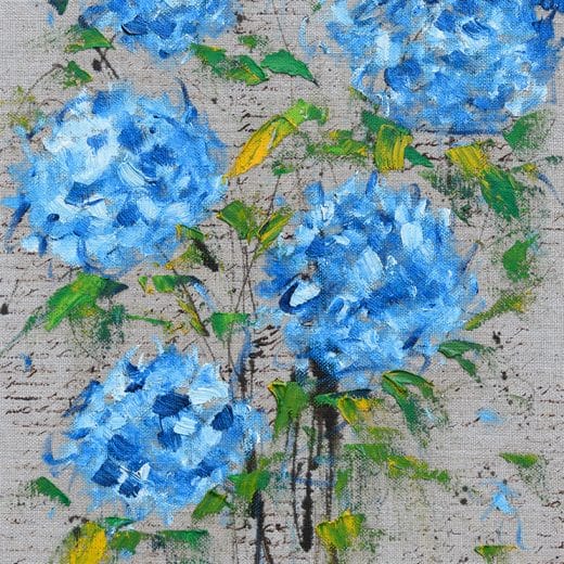 Original oil painting on linen of a bouquet of blue hydrangeas size 11" x 14"