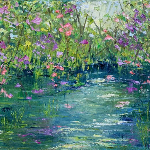 Original landscape oil painting of a river surrounded by flowers and blossoming trees on canvas 11" x 14"