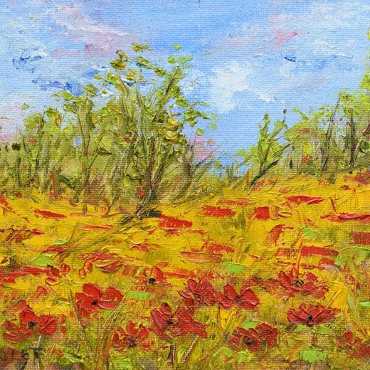 Impressionist oil landscape painting of poppy flowers growing in a field