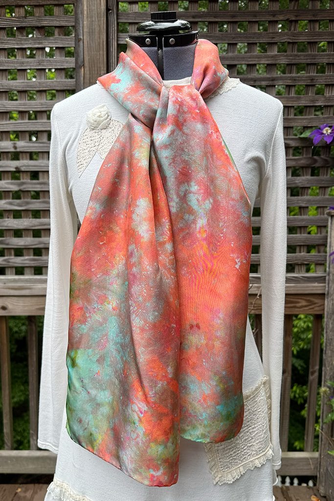 Orange Pink and Green Hand Dyed Silk Scarf Unique