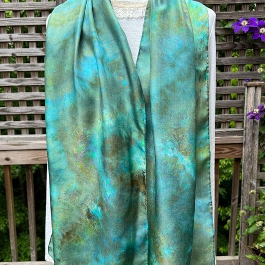 Green turquoise and copper hand dyed silk scarf