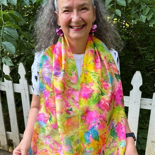 Vibrant hand painted abstract floral silk scarf