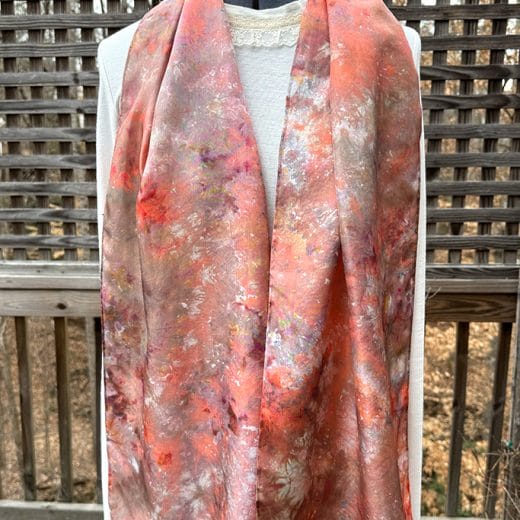 Stunning women's hand dyed silk scarf in different shades of orange, brown and pink