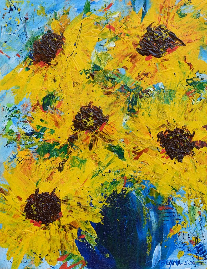 Vibrant impressionist painting of a sunflower bouquet hand painted with acrylics on watercolor paper size 8" x 10"
