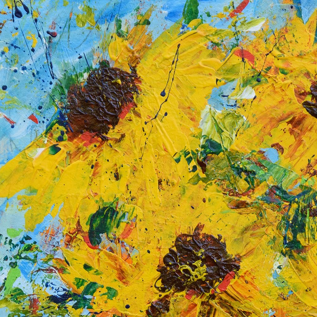 Vibrant impressionist painting of a sunflower bouquet hand painted with acrylics on watercolor paper size 8" x 10"