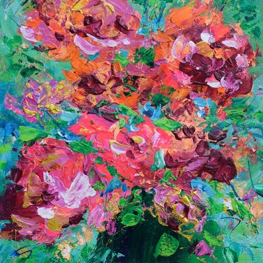 Colorful abstract painting of a bouquet of flowers in a vase, painted with acrylic on watercolor paper size 8"x 10"