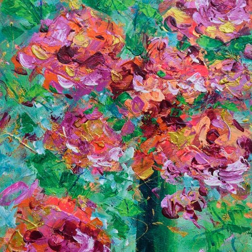 Colorful green, orange and pink impressionist painting of a bouquet of flowers on paper size 8" x 10"