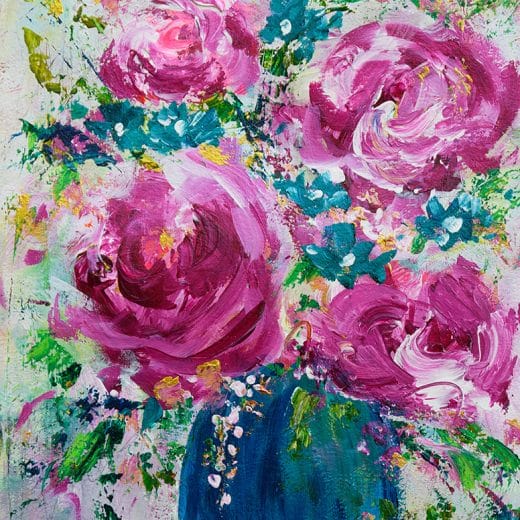 Vibrant painting of an impressionist bouquet of pink roses in a blue vase size 8" x 10"