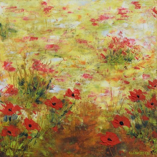 Contemporary impressionist oil and cold wax painting of poppy flowers amongst a colza field