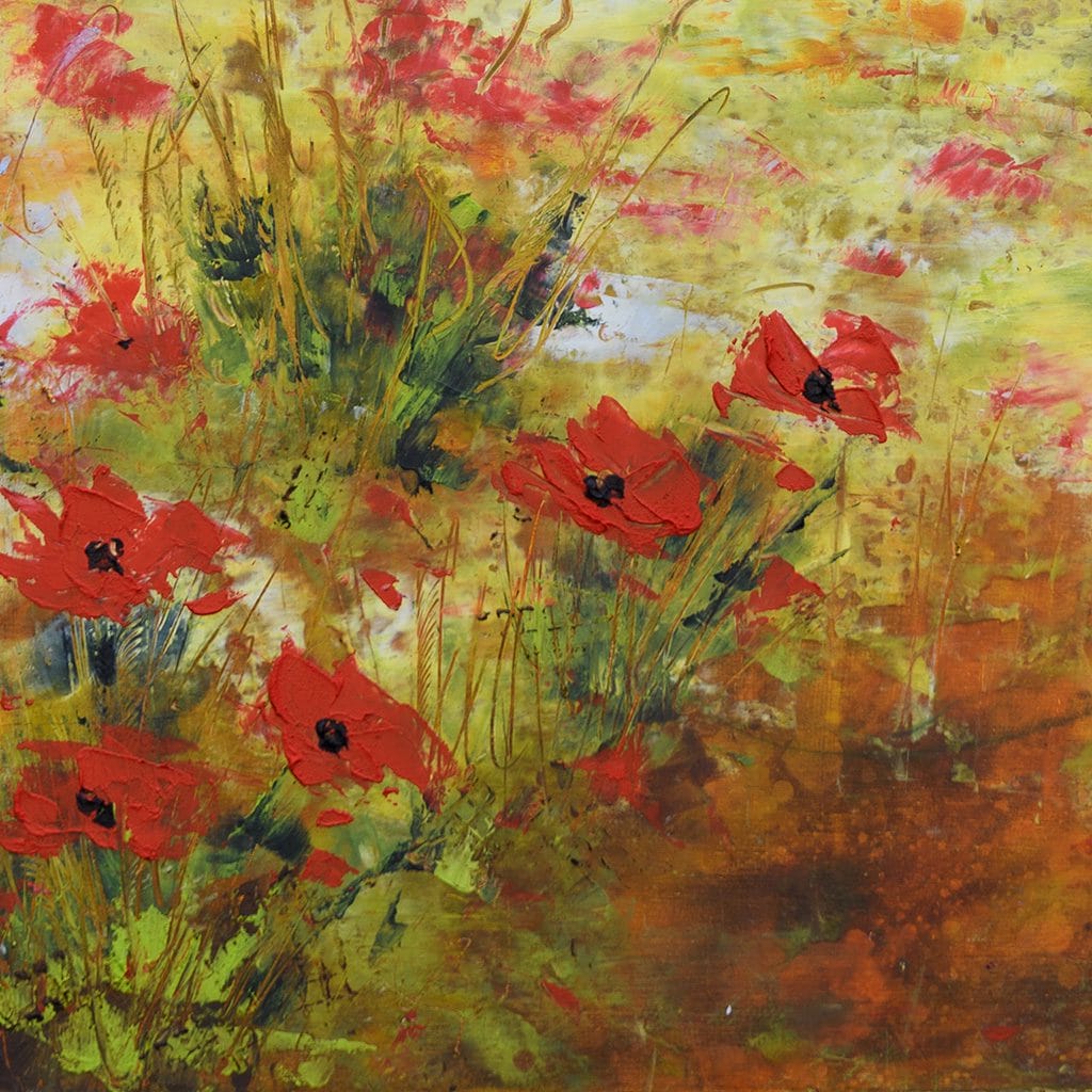 Contemporary impressionist oil and cold wax painting of poppy flowers amongst a colza field