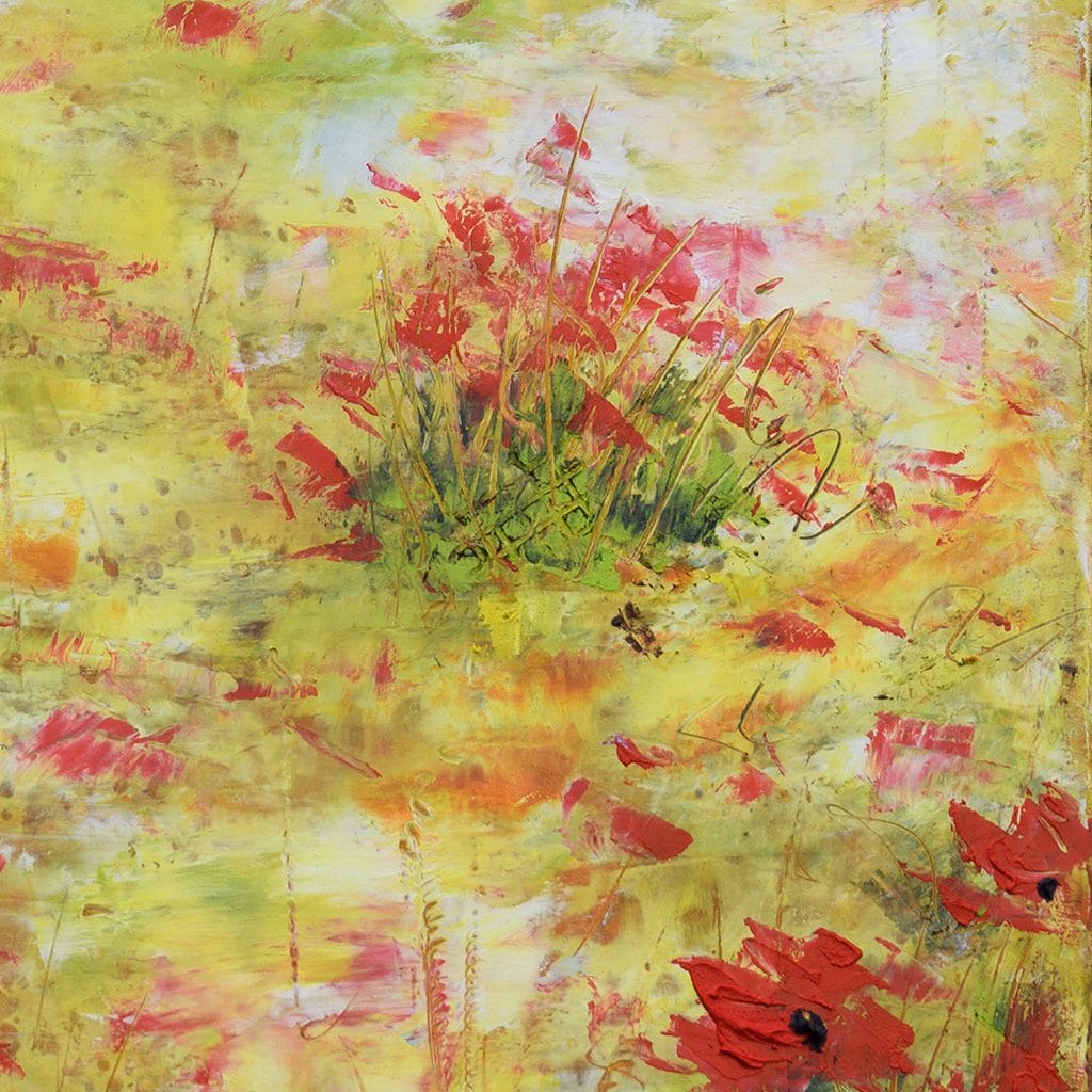 Contemporary impressionist oil and cold wax painting of poppy flowers amongst a colza field