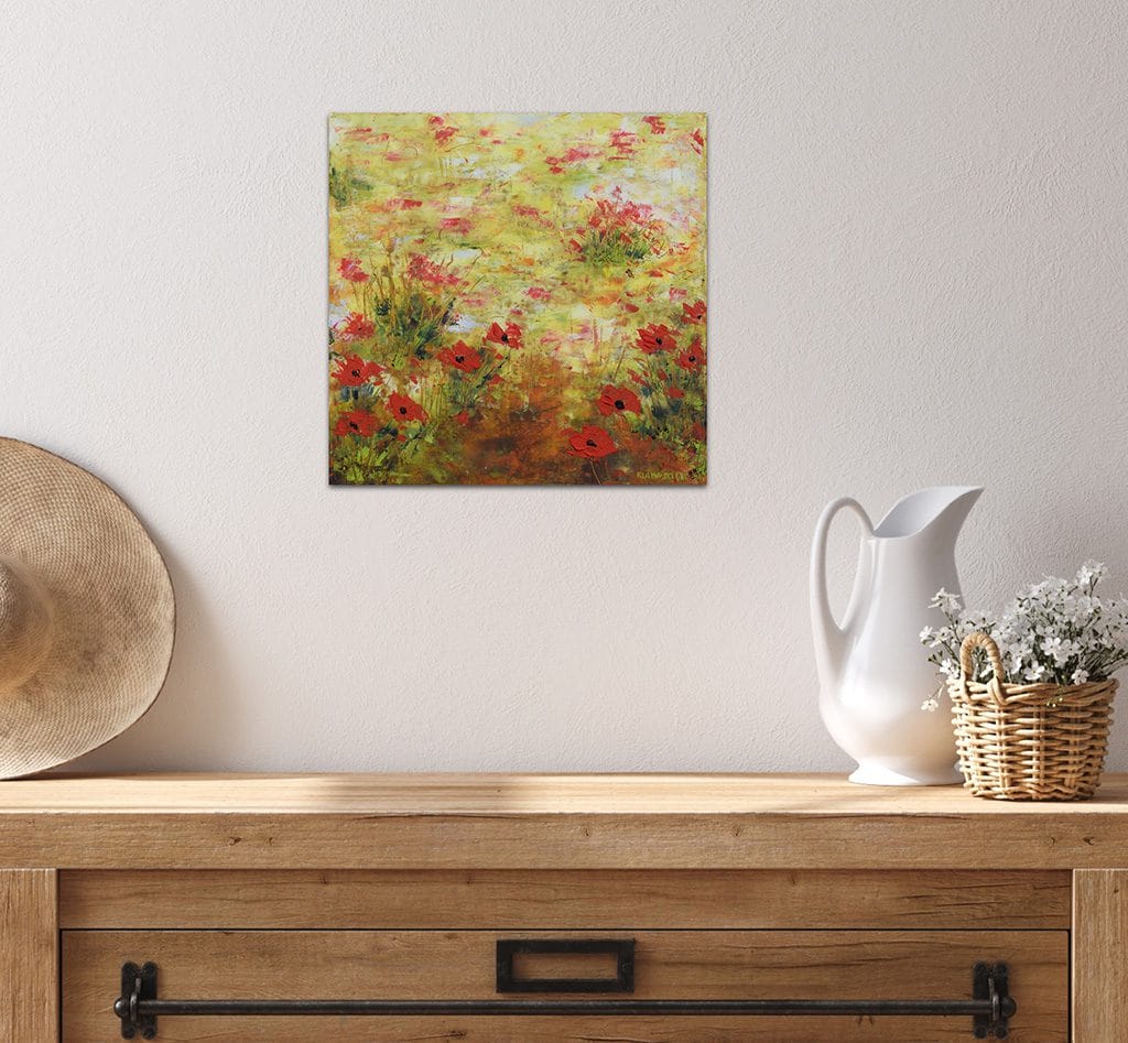 Contemporary impressionist oil and cold wax painting of poppy flowers amongst a colza field