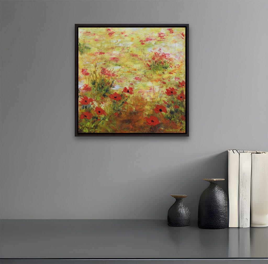 Contemporary impressionist oil and cold wax painting of poppy flowers amongst a colza field