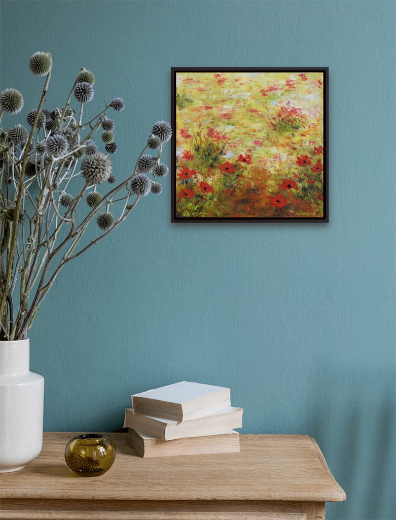 Contemporary impressionist oil and cold wax painting of poppy flowers amongst a colza field